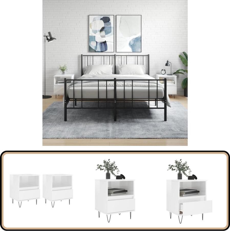 VidaXL Nachtkastjes Hoogglans Wit Set van 2 Nachtkastje Kastje Slaapkamermeubilair Houten Meubel Witte Meubels