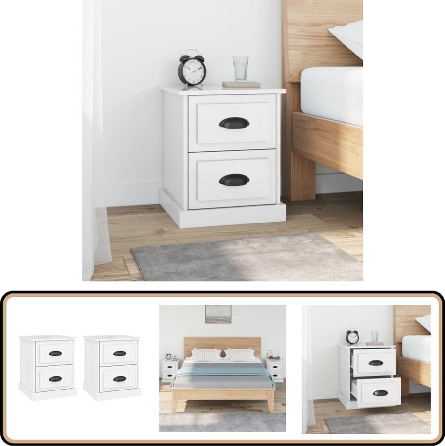 VidaXL Nachtkastjes Hoogglans Wit Set van 2 Nachtkastje Nachtkaste Slaapkamer Meubilair Witte Meubel Houten Meubels