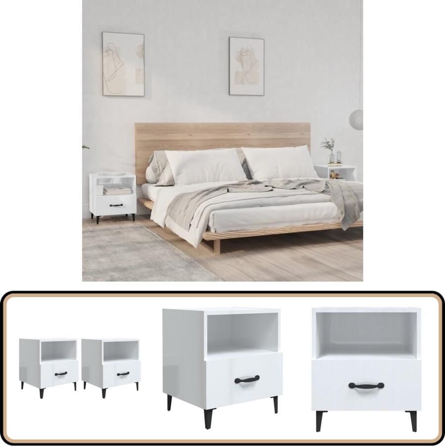 VidaXL Nachtkastjes Hoogglans Wit Set van 2 Nachtkastje Slaapkamerinrichting Houten Kast Witte Kast Bijzettafel