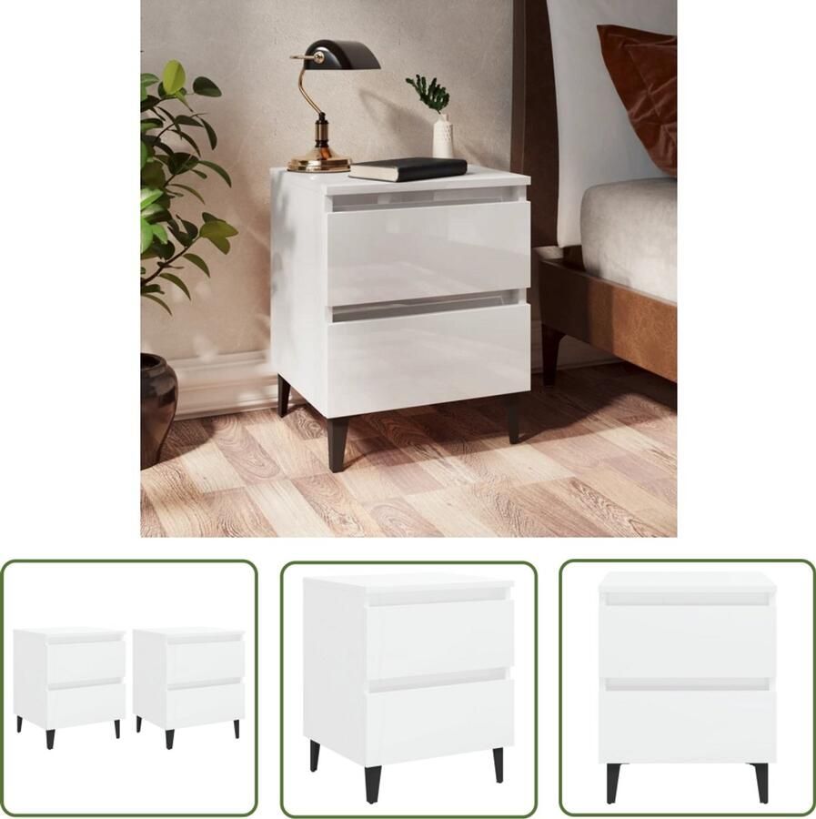 VidaXL Nachtkastjes Hoogglans Wit Set van 2 Nachtkastje Slaapkamermeubilair Houten Meubels Witte Meubelen Industrïele Stijl Opbergruimte Twee Lades Compact Modern Minimalistisch