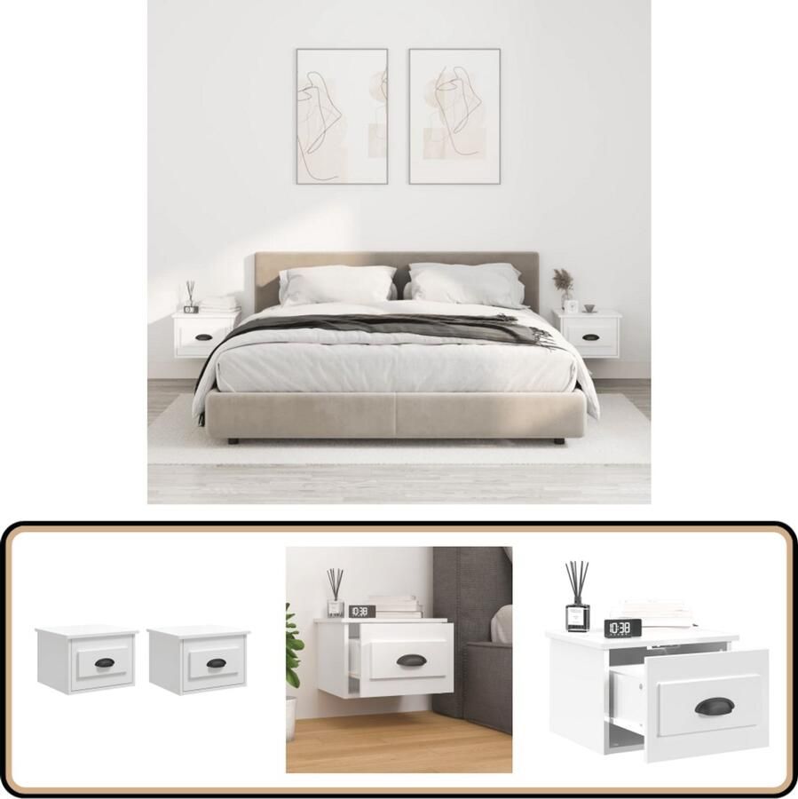 VidaXL Nachtkastjes Hoogglans Wit Set van 2 Wandlamp Nachtlamp Kastje Slaapkamerdecoratie Badkamermeubel - Foto 2