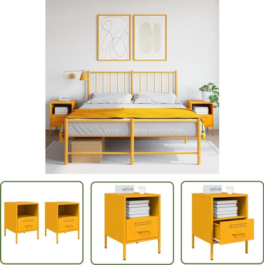 The Living Store Nachtkastjes 2 st 36x39x50 5 cm staal mosterdgeel Industriële Nachtkastjes Industrieel Staal Nachtkastjes Mustard Yellow Furniture Vintage Nachtlamp Tafellamp
