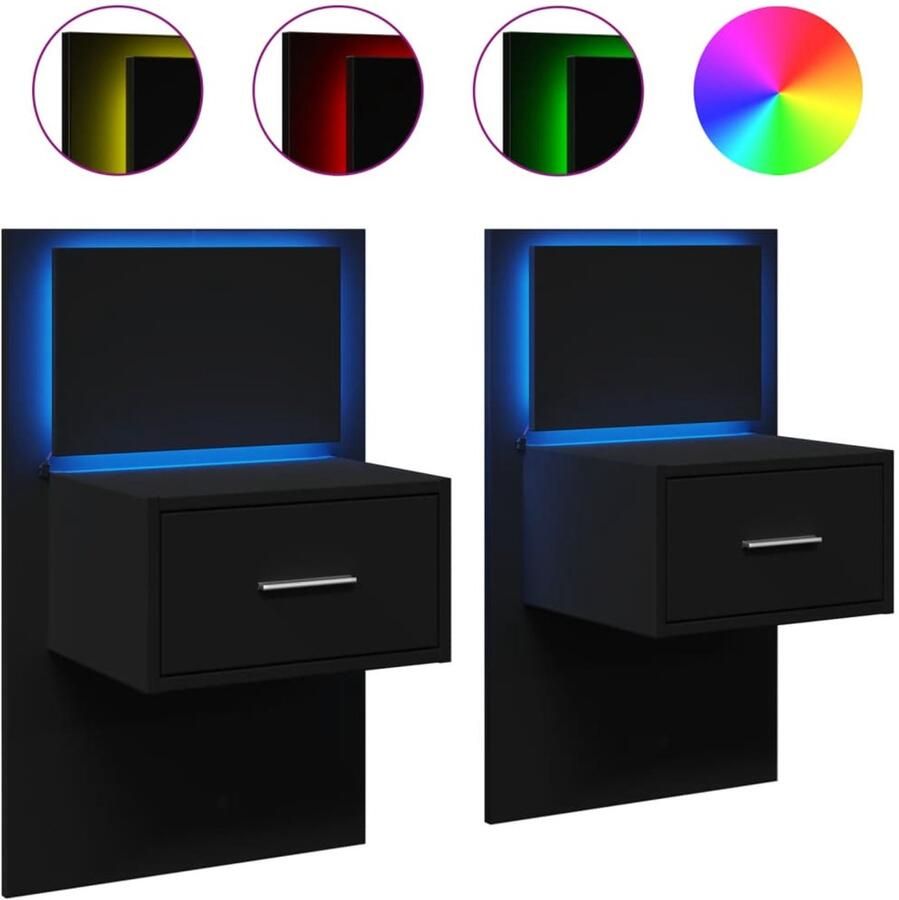 VidaXL The Living Store Nachtkastjes met LED's 2 st wandgemonteerd zwart Nachtkastjes Wandmontage Led Verlichting Slaapkamers Houten Nachtlamp - Foto 2
