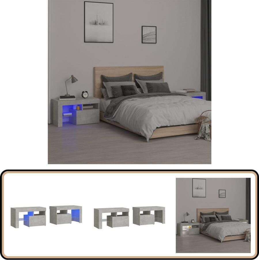 VidaXL Nachtkastjes LED-verlichting 2 st Betongrijs Nachtkastjes Meubels Slaapkamermeubelen Led Lampen Houten Meubels Beton Grijs Betonnen Meubels