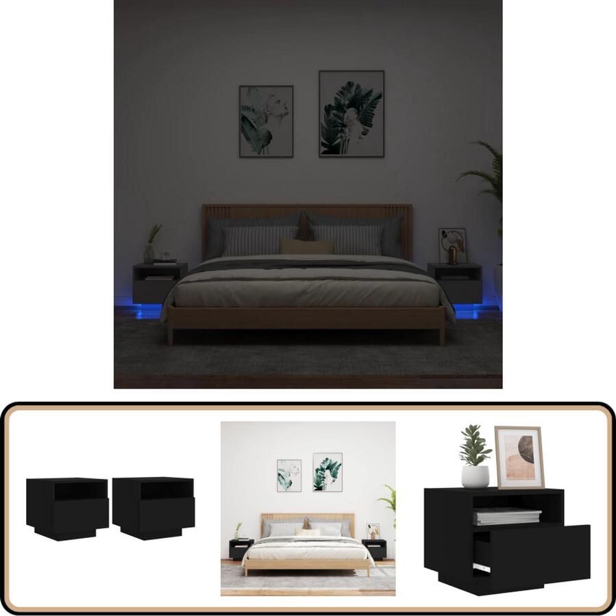 VidaXL Nachtkastjes LED-verlichting 2 stuks Zwart Nachtkastje Led Lamp Kastje Slaapkamers Meubilair