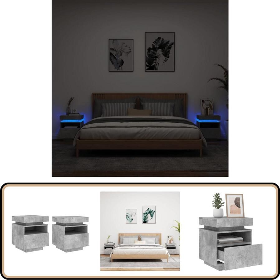 VidaXL Nachtkastjes LED-verlichting Betongrijs 2 st Nachtkaste Led Lamp Slaapkamers Meubels Kast Beton Grijs