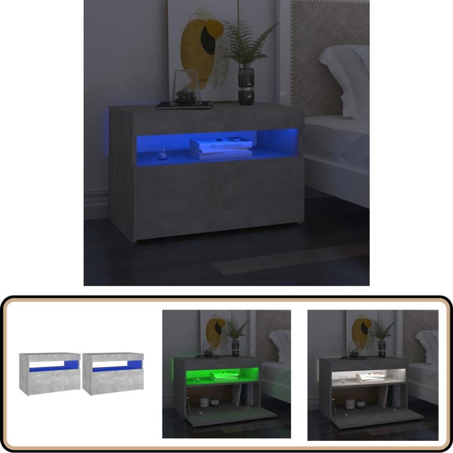 VidaXL Nachtkastjes LED-verlichting Set van 2 Betongrijs Nachtkastje Led Lamp Betongrijs Slaapkamermeubilair Nachttafel Houten Meubel Decoratief Licht