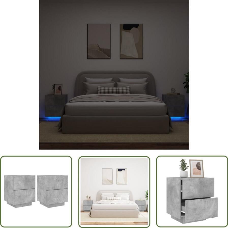 VidaXL Nachtkastjes LED-verlichting Set van 2 Betongrijs Nachtkastjes Led Verlichting Betongrijs Houten Nachtkastjes Slaapkamermeubels Opbergkasten Nachtlamp
