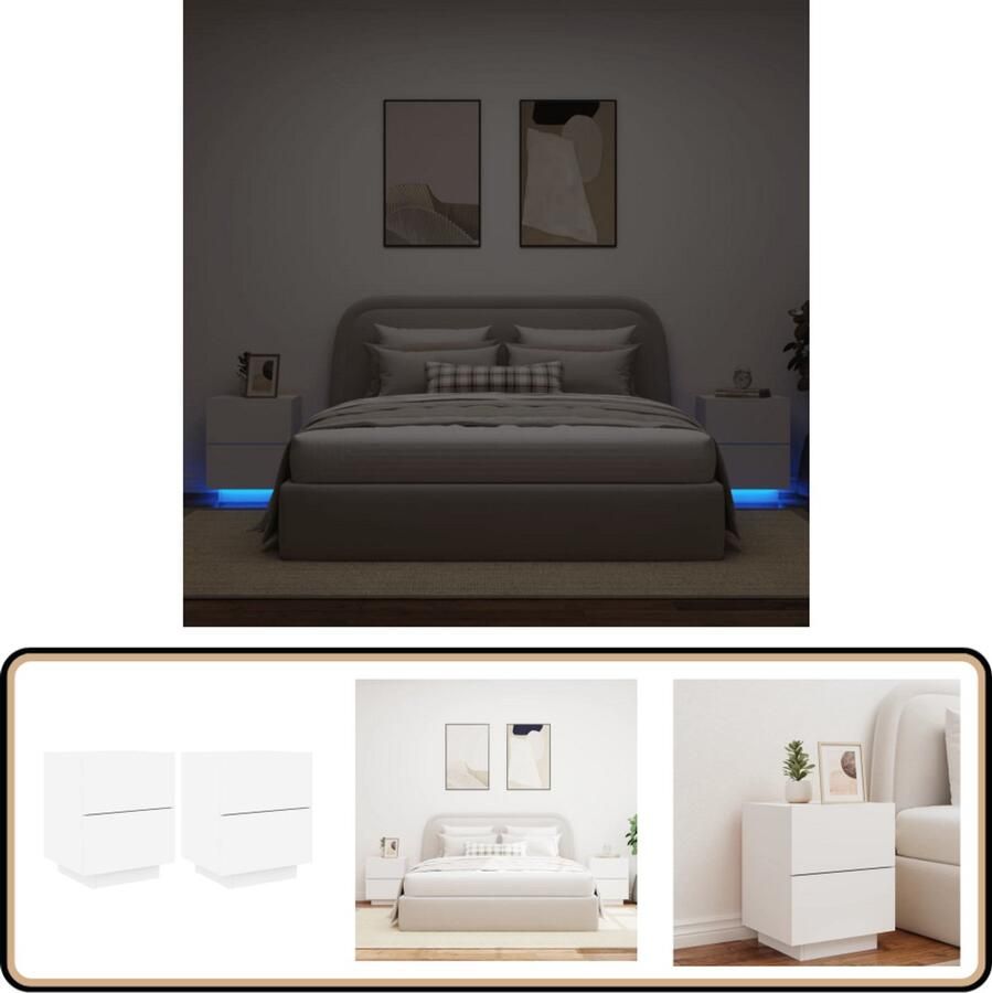 VidaXL Nachtkastjes LED-verlichting Wit Set van 2 Nachtkastjes Led Lampen Slaapkamerinrichting Houten Meubels Witte Meubels