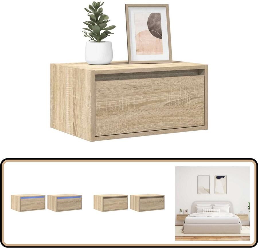 VidaXL Nachtkastjes LED Wandmontage 2 Stuks Eiken Wandgemonteerde Nachtkastje Wandgemonteerde Nachtkastjes Nachtkastje Nachtkastjes