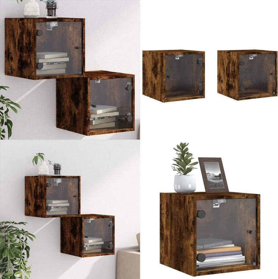 VidaXL Nachtkastjes met glazen deuren 2 st 35x37x35 cm gerookt eiken Nachtkastje Nachtkastjes Bijzettafel Wandkastje