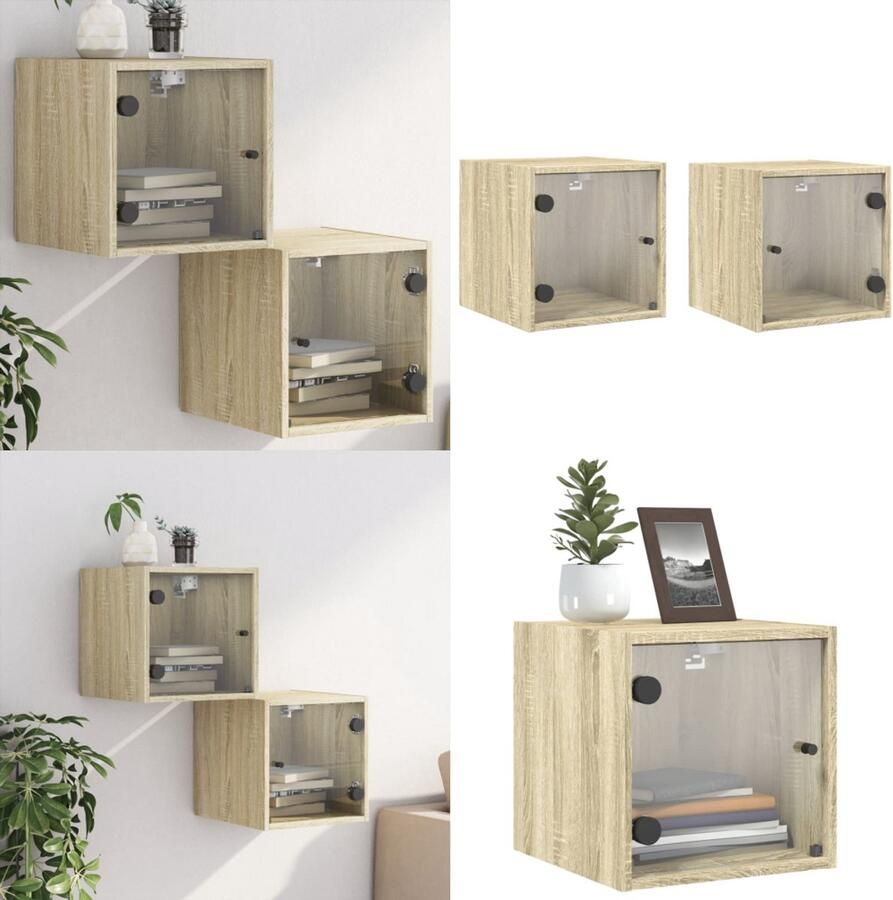 VidaXL -Nachtkastjes-met-glazen-deuren-2-st-35x37x35-cm-sonoma-eiken - Foto 3