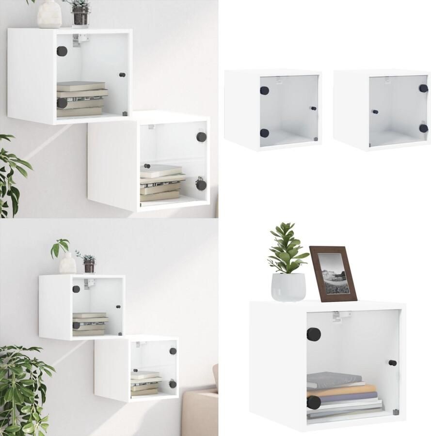 VidaXL Nachtkastjes met glazen deuren 2 st 35x37x35 cm wit Nachtkastje Nachtkastjes Bijzettafel Wandkastje