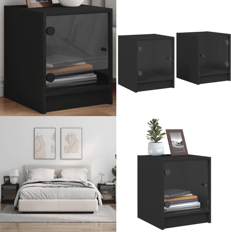 VidaXL Nachtkastjes met glazen deuren 2 st 35x37x42 cm zwart Nachtkastje Nachtkastjes Bijzettafel Wandkastje