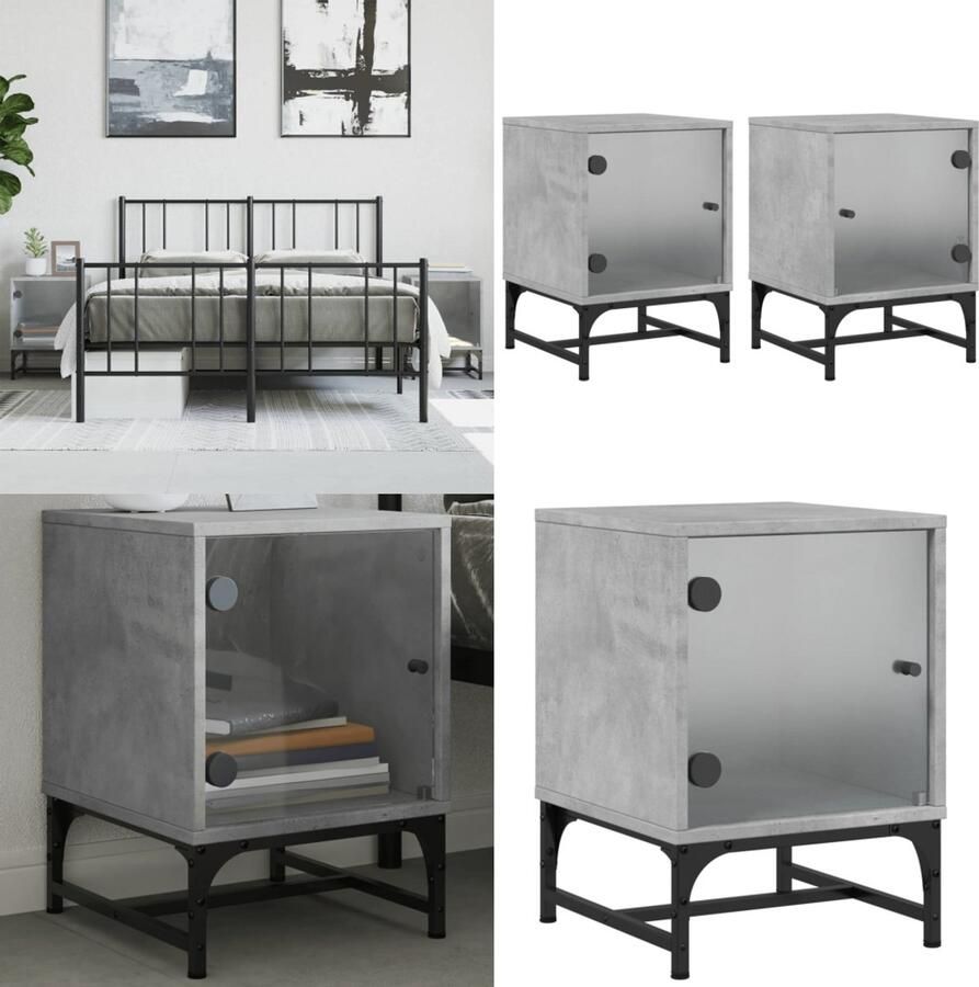 VidaXL Nachtkastjes met glazen deuren 2 st 35x37x50 cm betongrijs Nachtkastje Nachtkastjes Bijzettafel Wandkastje