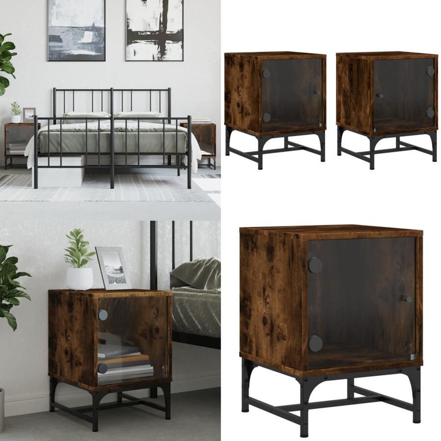 VidaXL Nachtkastjes met glazen deuren 2 st 35x37x50 cm gerookt eiken Nachtkastje Nachtkastjes Bijzettafel Wandkastje