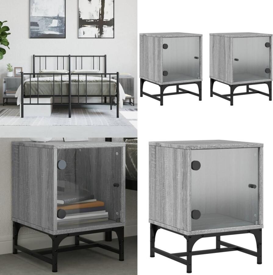 VidaXL Nachtkastjes met glazen deuren 2 st 35x37x50 cm grijs sonoma Nachtkastje Nachtkastjes Bijzettafel Wandkastje