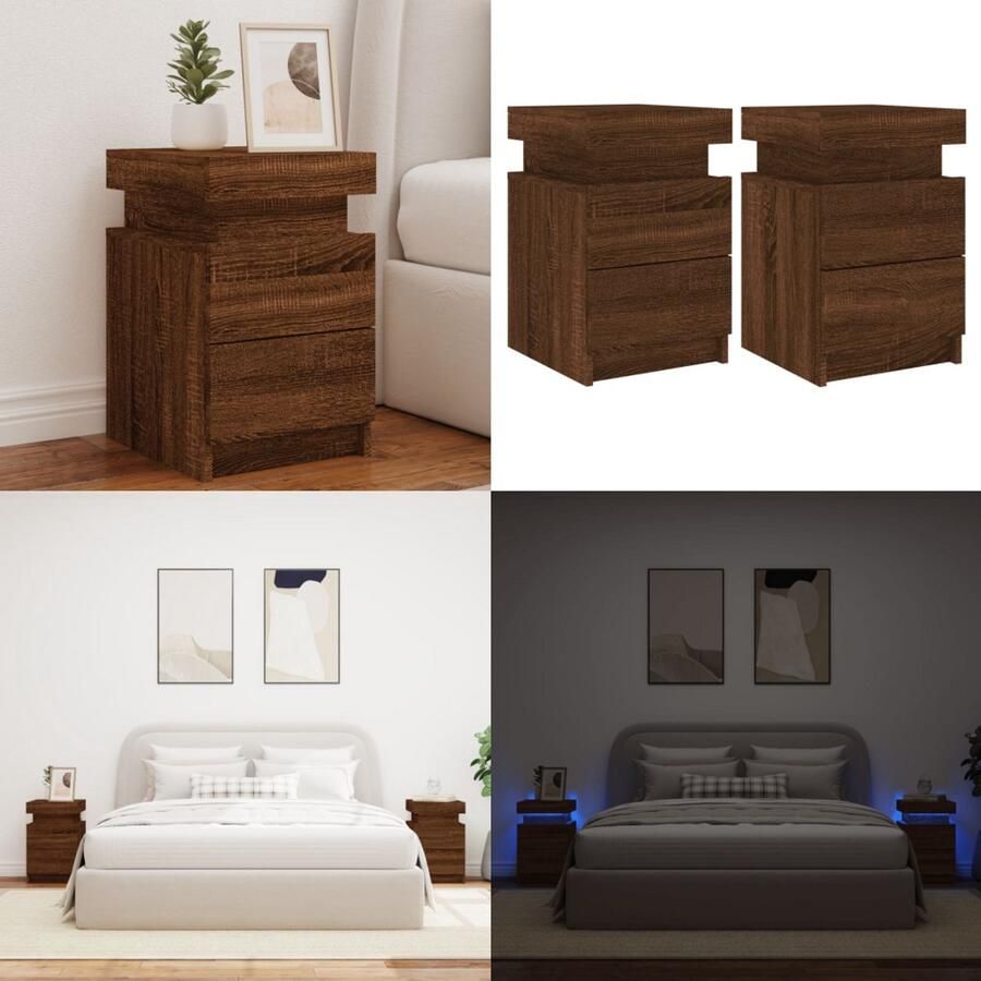 VidaXL Nachtkastjes met LED 2 st 35x39x55 cm bruin eikenkleur Nachtkastje Nachtkastjes Bijzettafel Wandkastje