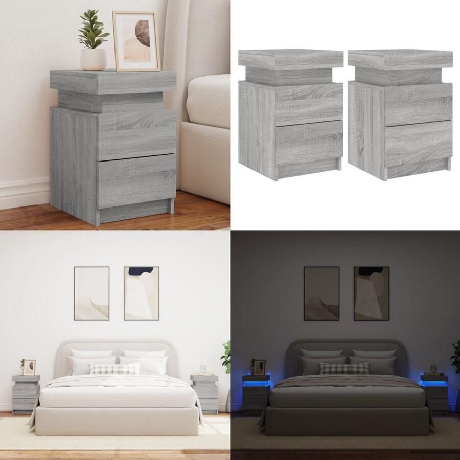 VidaXL Nachtkastjes met LED 2 st 35x39x55 cm grijs sonoma eikenkleurig Nachtkastje Nachtkastjes Bijzettafel Wandkastje