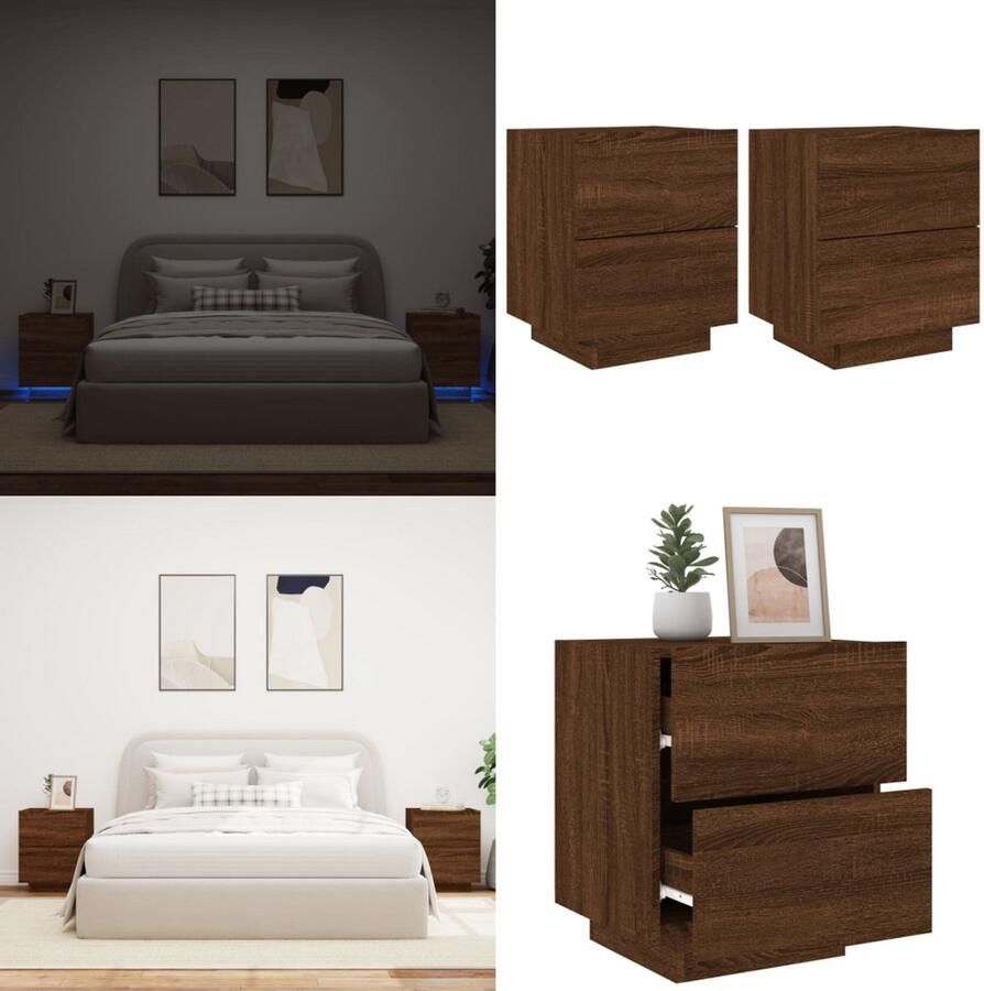 VidaXL Nachtkastjes met LED 2 st bewerkt hout bruin eikenkleur Nachtkastje Nachtkastjes Bijzettafel Wandkastje