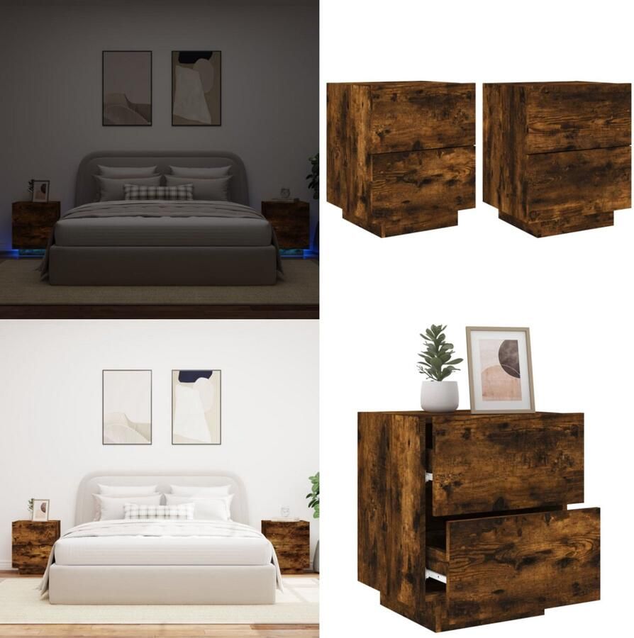 VidaXL Nachtkastjes met LED 2 st bewerkt hout gerookt eikenkleurig Nachtkastje Nachtkastjes Bijzettafel Wandkastje