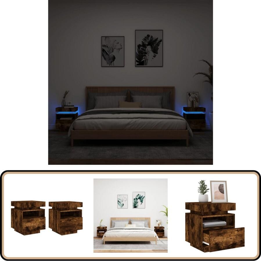 VidaXL Nachtkastjes met LED 2 stuks Gerookt Eiken Nachtkaste Led Lamp Bijzettafel Kamermeubel Houten Kast Bruine Meubels
