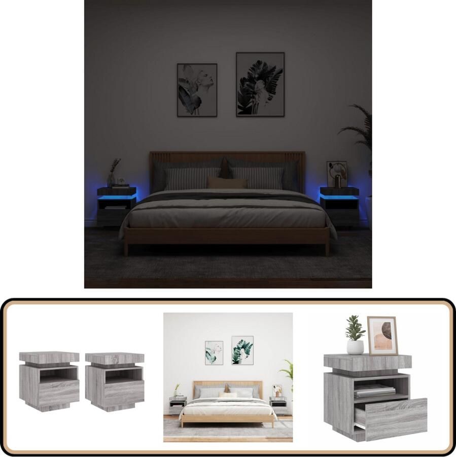 VidaXL Nachtkastjes met LED 2 stuks Grijs Sonoma Nachtkasts Led Lampen Bijzettafels Houten Meubels Slaapkamers