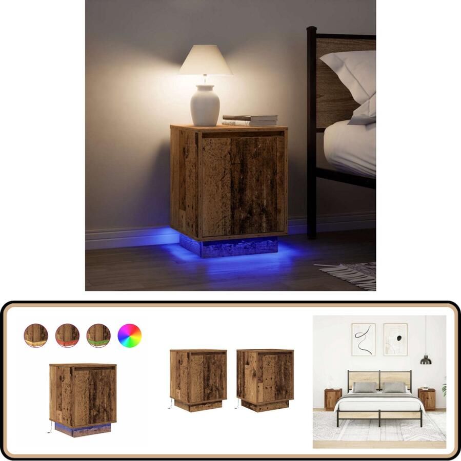 VidaXL Nachtkastjes met LED 2 stuks Oud Hout Nachtkast Bijzettafel Meubilair Slaapkamers Houten Meubel
