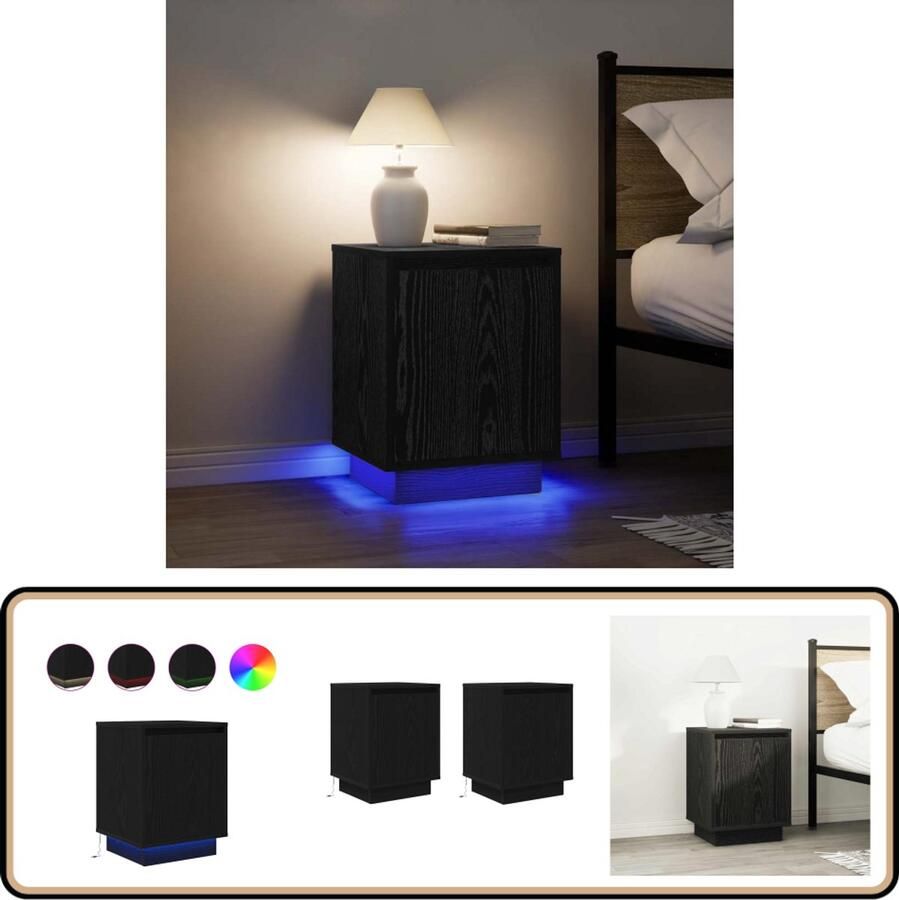 VidaXL Nachtkastjes met LED 2 stuks zwart Nachtkastjes Led Lampen Slaapkamersdecoratie Houten Meubilair Nachtlampjes