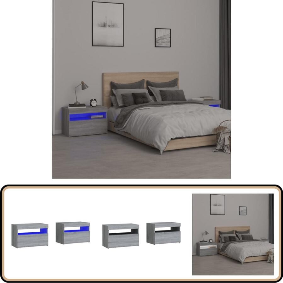 VidaXL Nachtkastjes met LED Grijs Sonoma 2 stuks Nachtkastjes Slaapkamer Meubilair Led Lampen Houten Meubelen Grijze Meubels