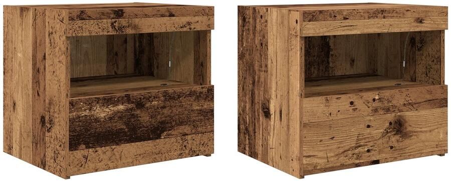 VidaXL Nachtkastjes met LED-lampen 2 stuks Oud Hout 50x40x45 cm