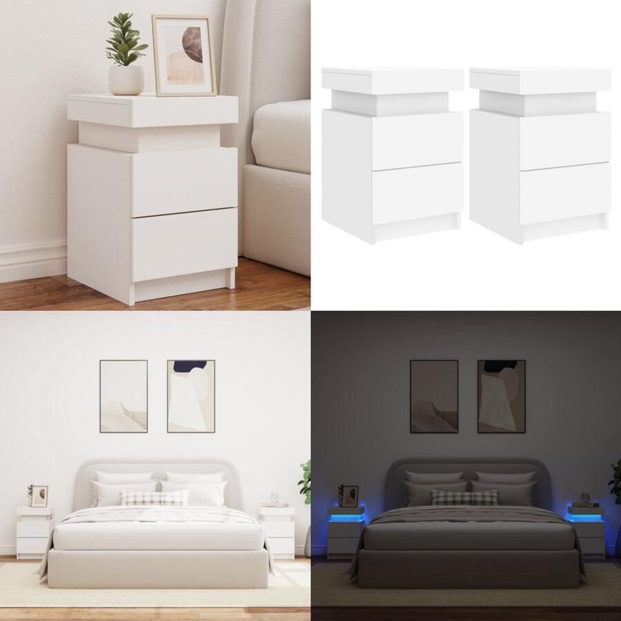 VidaXL Nachtkastjes met LED-verlichting 2 st 35x39x55 cm wit Nachtkastje Nachtkastjes Bijzettafel Wandkastje