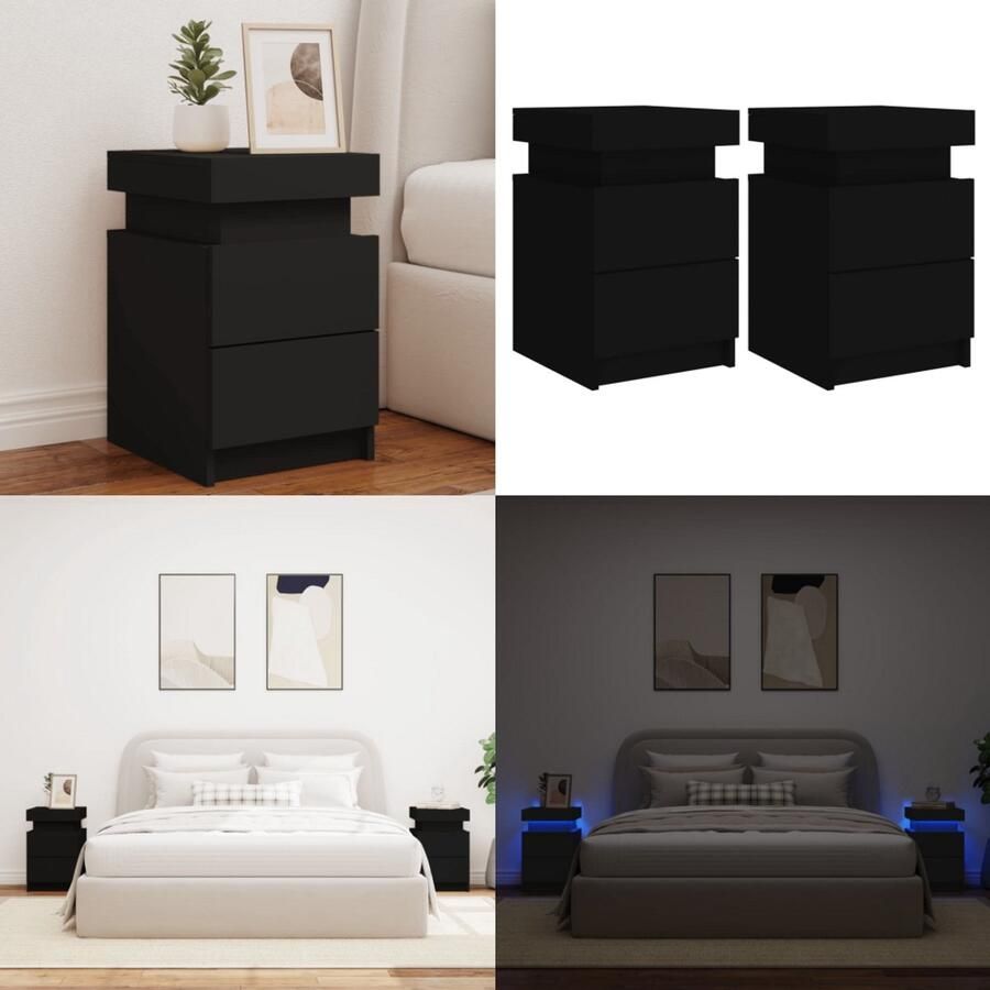 VidaXL Nachtkastjes met LED-verlichting 2 st 35x39x55 cm zwart Nachtkastje Nachtkastjes Bijzettafel Wandkastje