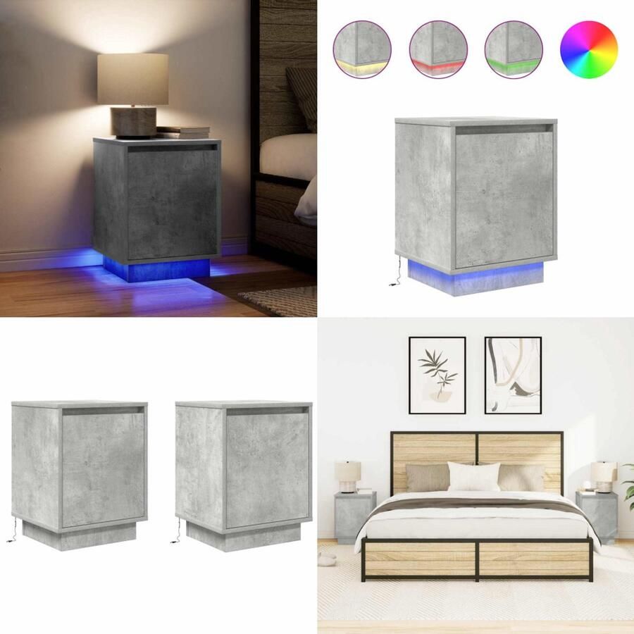 VidaXL Nachtkastjes met led-verlichting 2 st 38x34x50 cm betongrijs Nachtkastje Nachtkastjes -nachtkastje