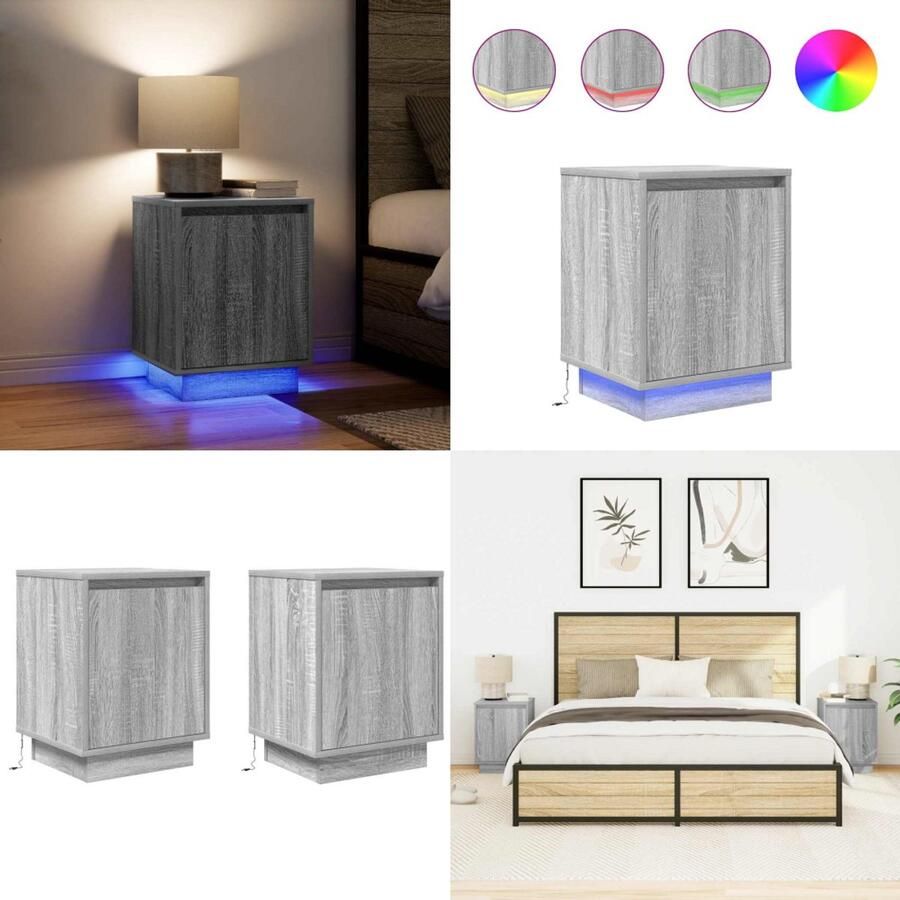 VidaXL Nachtkastjes met led-verlichting 2 st 38x34x50 cm grijs sonoma Nachtkastje Nachtkastjes -nachtkastje