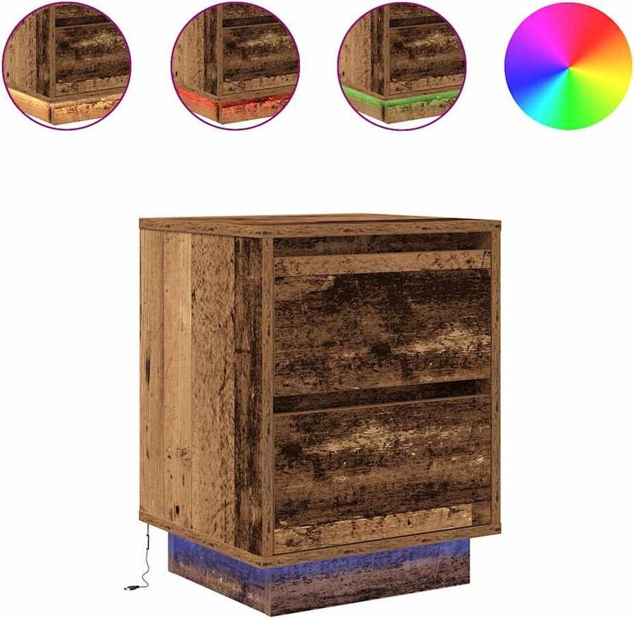 VidaXL Nachtkastjes met led-verlichting 2 st 38x34x50 cm oud hout