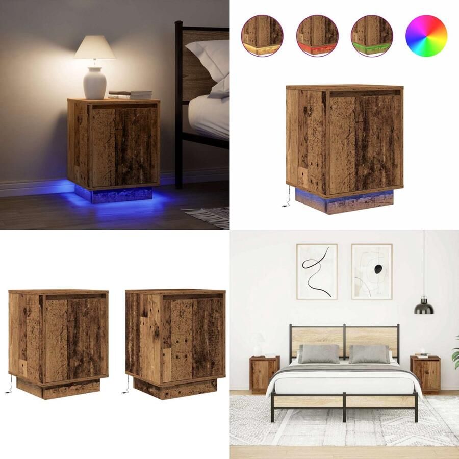 VidaXL Nachtkastjes met led-verlichting 2 st 38x34x50 cm oud hout Nachtkastje Nachtkastjes -nachtkastje