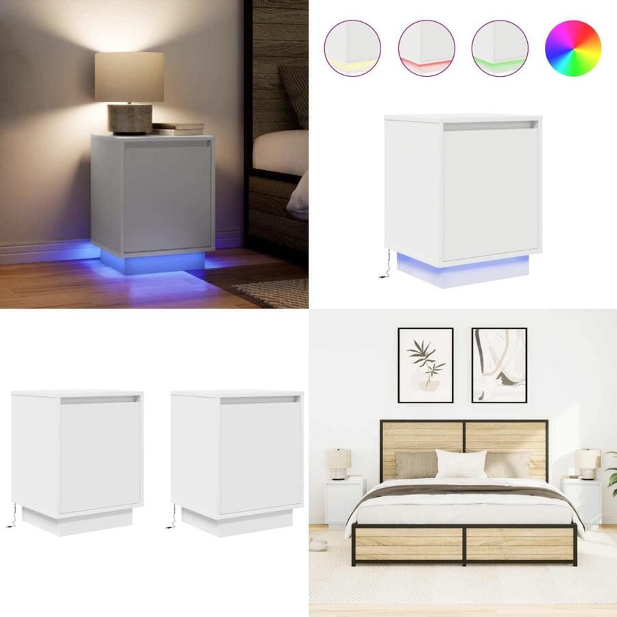 VidaXL Nachtkastjes met led-verlichting 2 st 38x34x50 cm wit Nachtkastje Nachtkastjes -nachtkastje