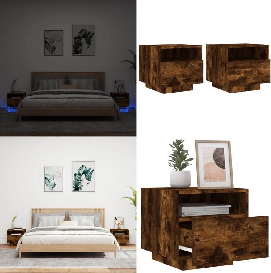 VidaXL Nachtkastjes met LED-verlichting 2 st 40x39x37 cm gerookt eiken Nachtkastje Nachtkastjes Nachtkastje Met LED Nachtkastje Met LED-verlichting