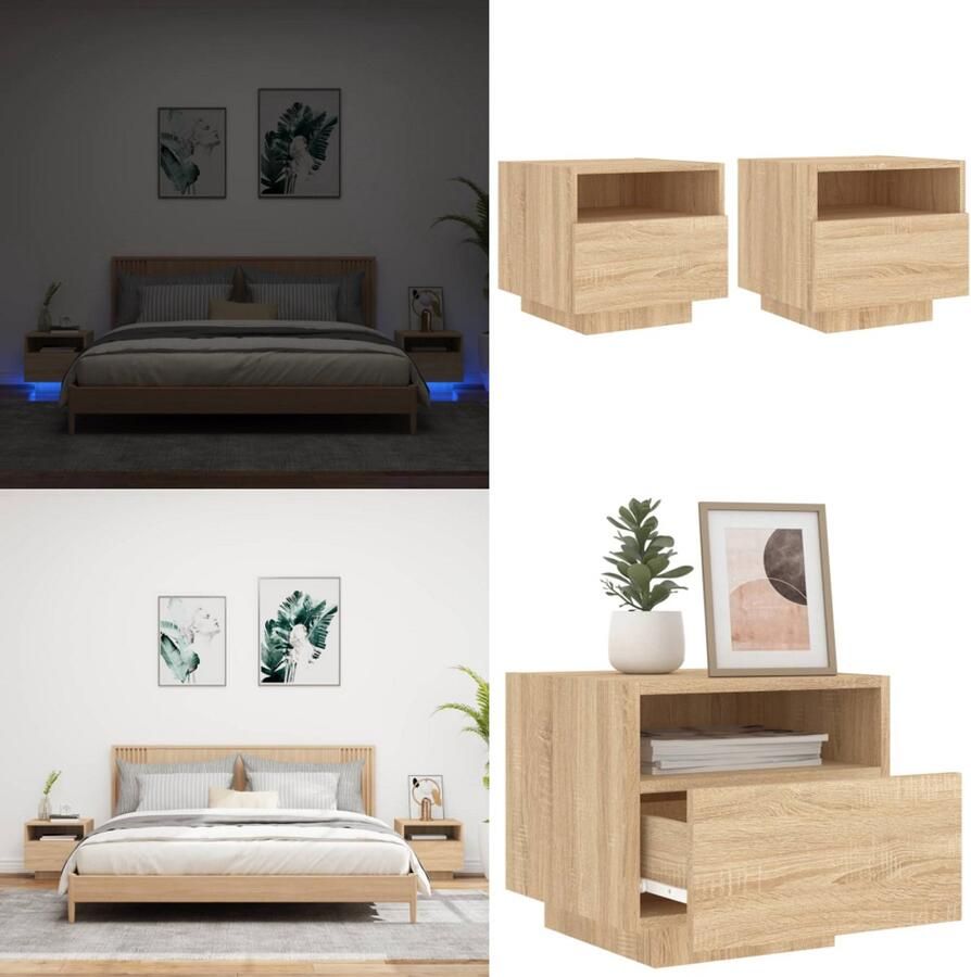 VidaXL Nachtkastjes met LED-verlichting 2 st 40x39x37 cm sonoma eiken Nachtkastje Nachtkastjes Nachtkastje Met LED Nachtkastje Met LED-verlichting