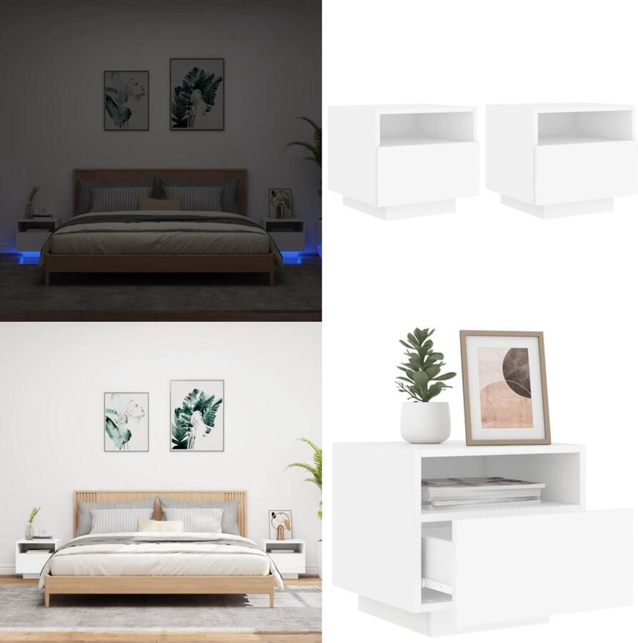 VidaXL Nachtkastjes met LED-verlichting 2 st 40x39x37 cm wit Nachtkastje Nachtkastjes Nachtkastje Met LED Nachtkastje Met LED-verlichting