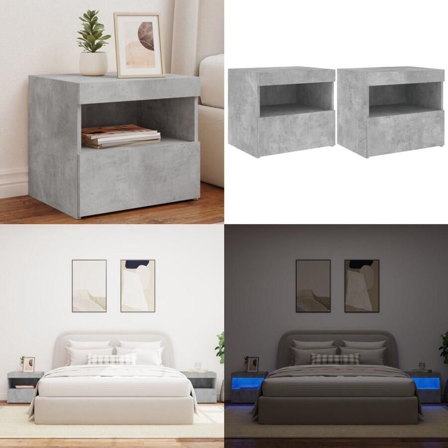 The Living Store Nachtkastjes met LED-verlichting 2 st 50x40x45 cm betongrijs Nachtkastjes Led Verlichting Betongrijs Modern Design Slaapkamers - Foto 2