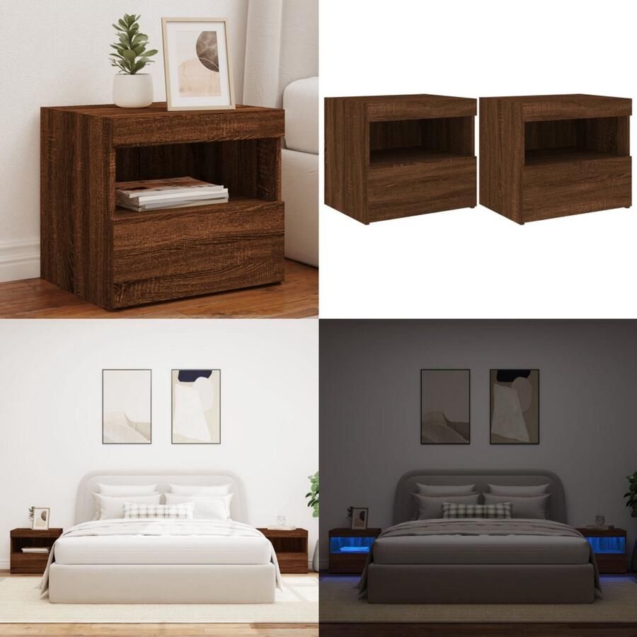 VidaXL Nachtkastjes met LED-verlichting 2 st 50x40x45 cm bruineiken Nachtkastje Nachtkastjes Nachtkastje