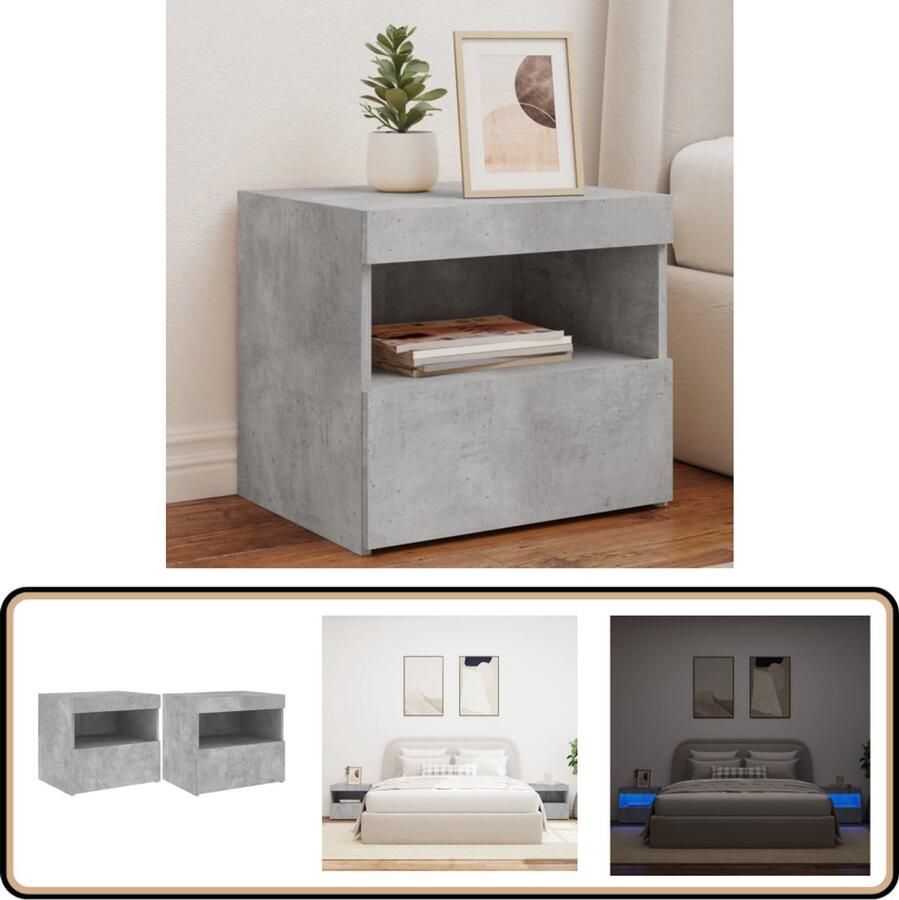 VidaXL Nachtkastjes met LED-verlichting 2 st Betongrijs Nachtkastjes Led Lampen Slaapkamerinrichting Houten Kast Grijze Kast