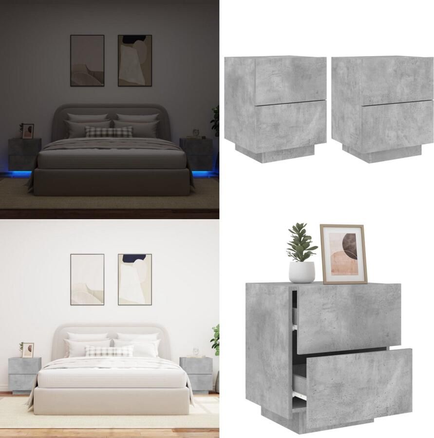 VidaXL Nachtkastjes met LED-verlichting 2 st bewerkt hout betongrijs Nachtkastje Nachtkastjes Bijzettafel Wandkastje
