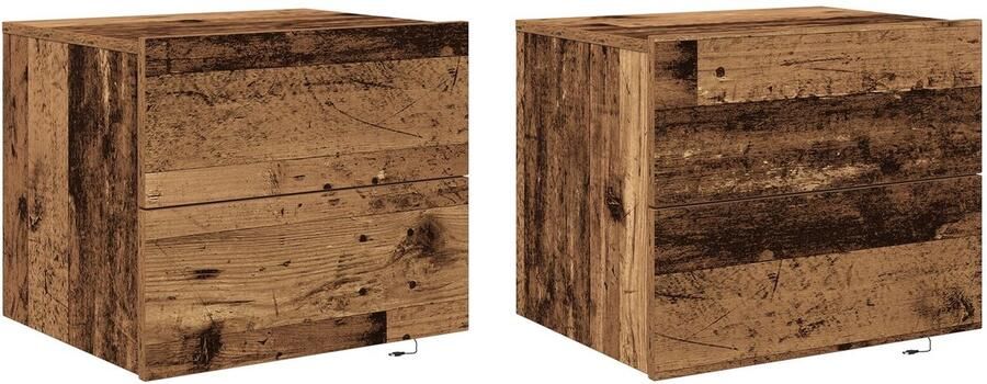 VidaXL Nachtkastjes met LED-verlichting 2 stuks Wandgemonteerd Oud Hout