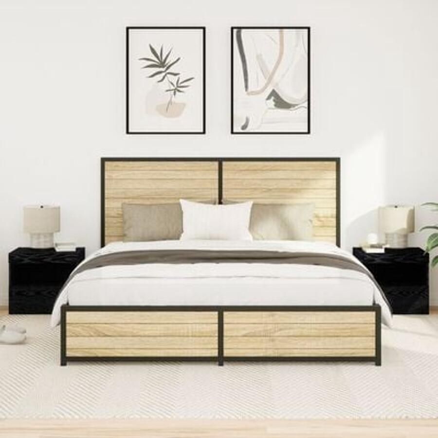 VidaXL Nachtkastjes met LED-verlichting 2 stuks Zwart Eiken 50x40x45 cm