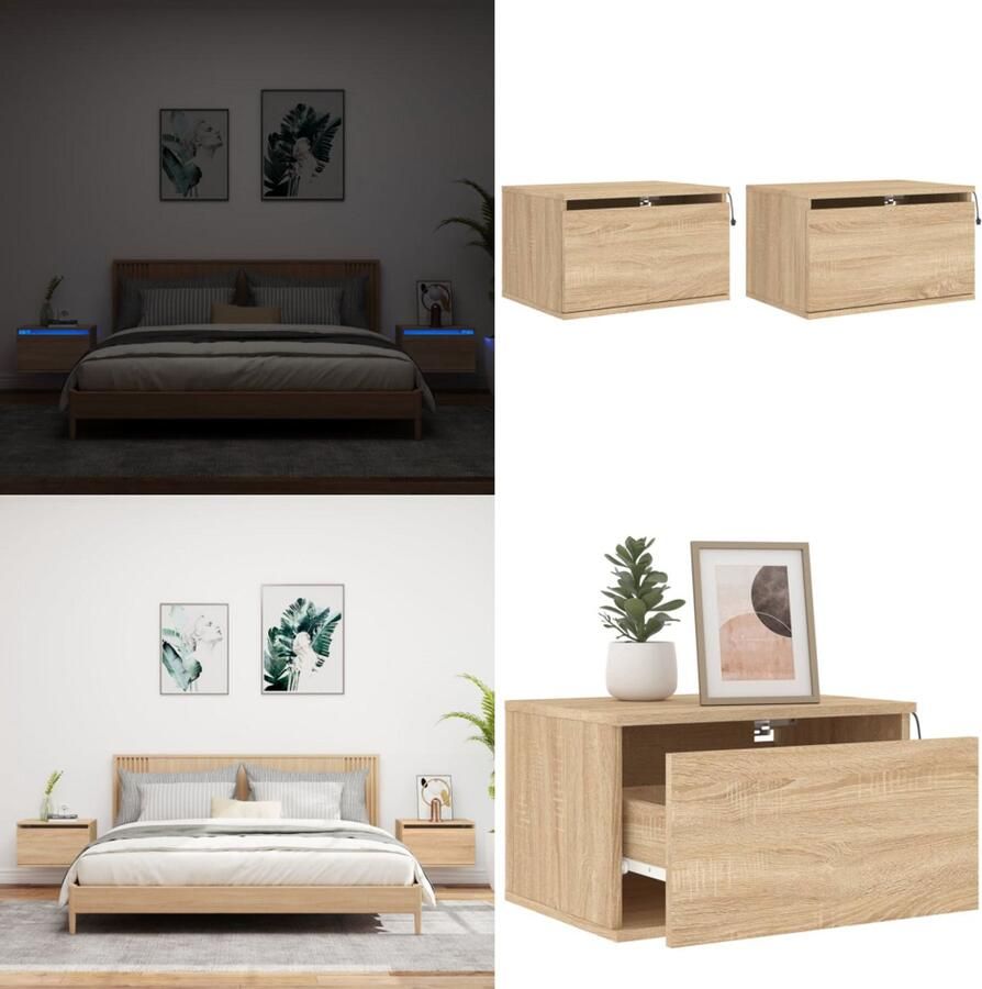 VidaXL Nachtkastjes met LED wandgemonteerd 2 st sonoma eikenkleurig Wandgemonteerd Nachtkastje Wandgemonteerde Nachtkastjes Nachtkastje Zwevend Nachtkastje