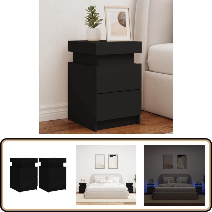 VidaXL Nachtkastjes met LED zwart 2 stuks Nachtkastjes Kastjes Led Verlichting Slaapkamers Zwarte Meubelen