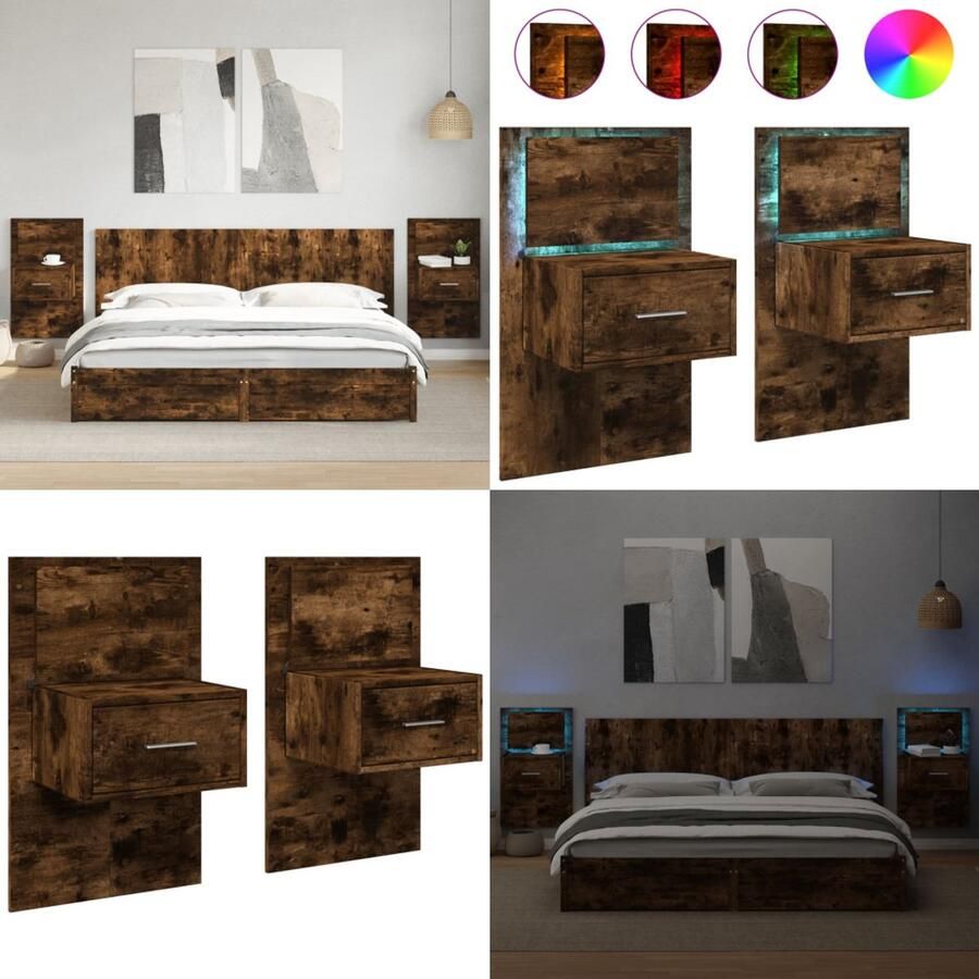 VidaXL Nachtkastjes met LED's 2 st wandgemonteerd gerookt eikenkleurig Wandnachtkastje Wandnachtkastjes Nachtkastje Bijzettafel